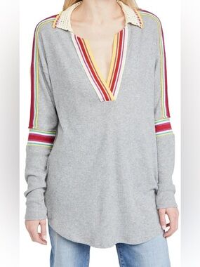 We The Free People Tunic Top M Feeling Magical Gray Rib Knit Oversized Crochet